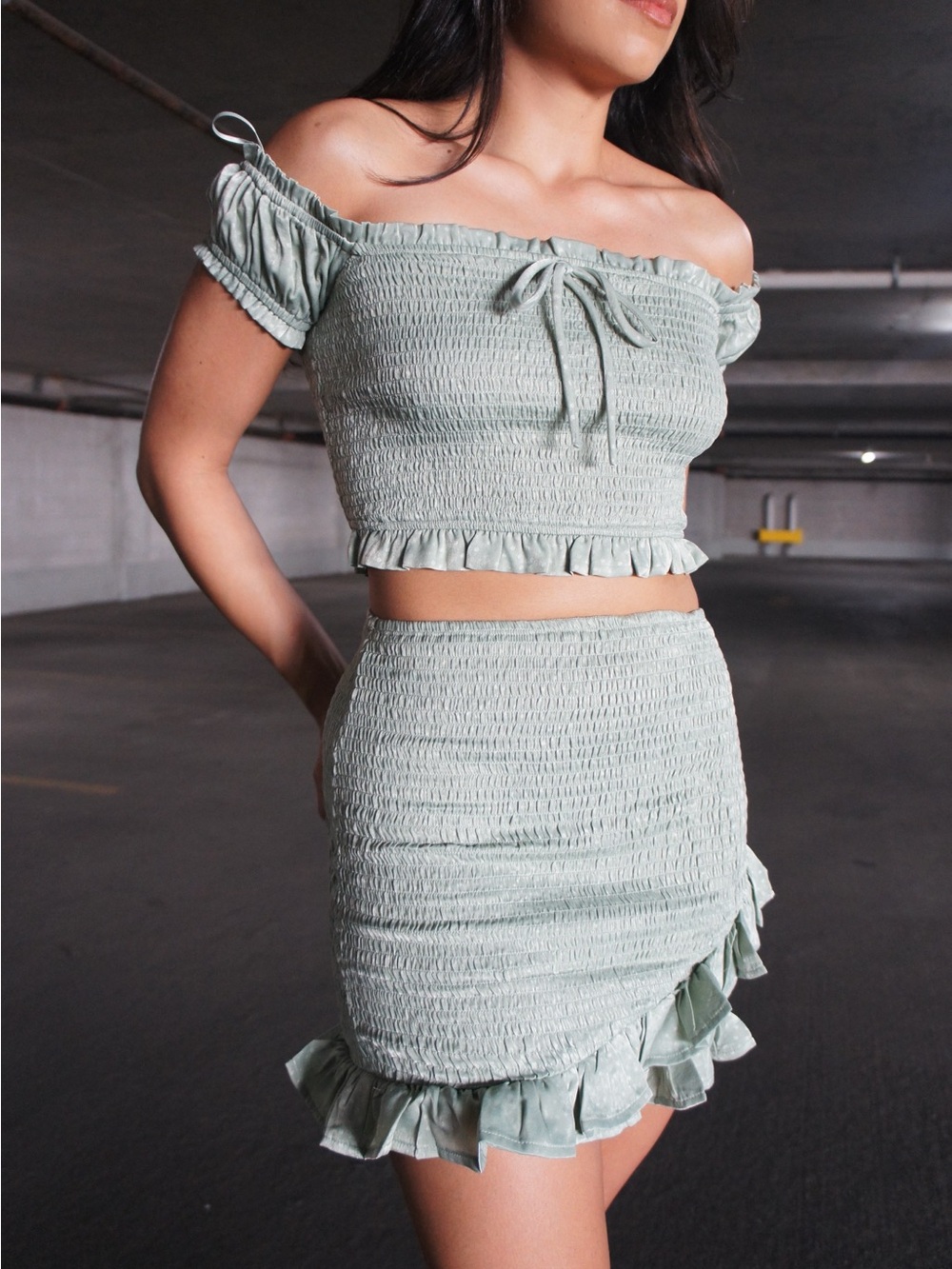 Off-Shoulder Smocked Ruffle Mini Skirt Set- Sage Green